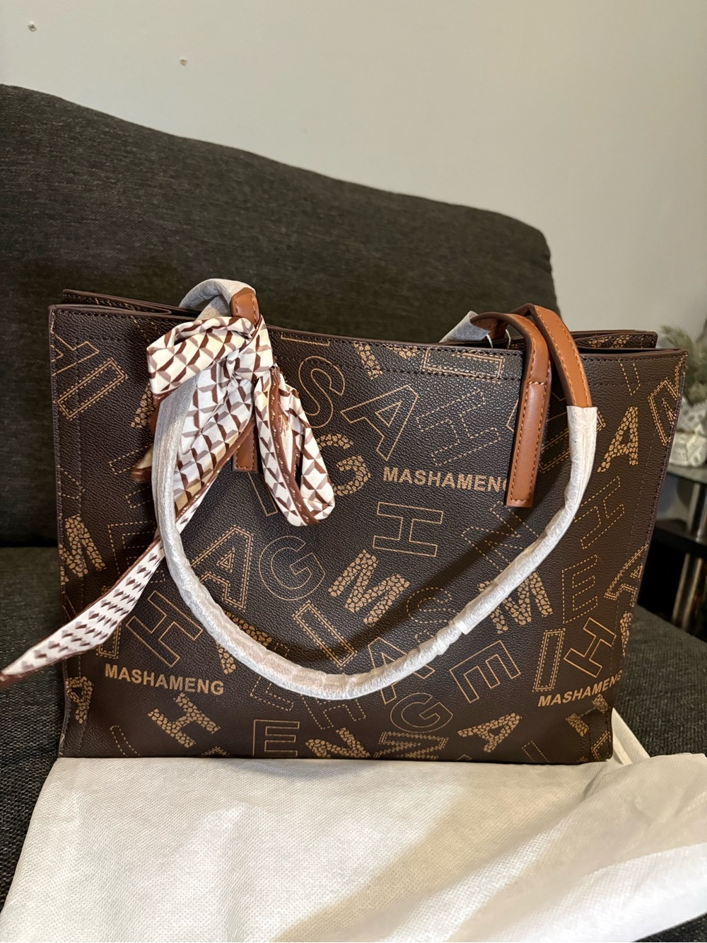 Brown Logo Tote Bag with Scarf Accent